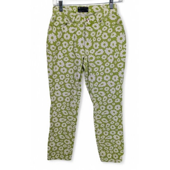 ASOS Design Women's Mid Rise Straight Jeans Psychadelic Green Daisy Floral 26x32 - Picture 1 of 7
